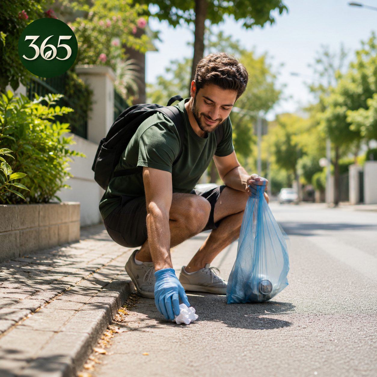 Green365 daily action showing someone safely picking up one piece of litter from a street.