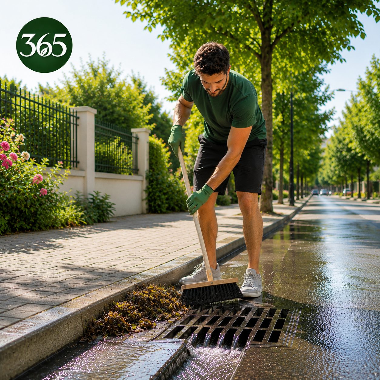 Green365 daily action showing debris being carefully cleared from a storm drain grate.