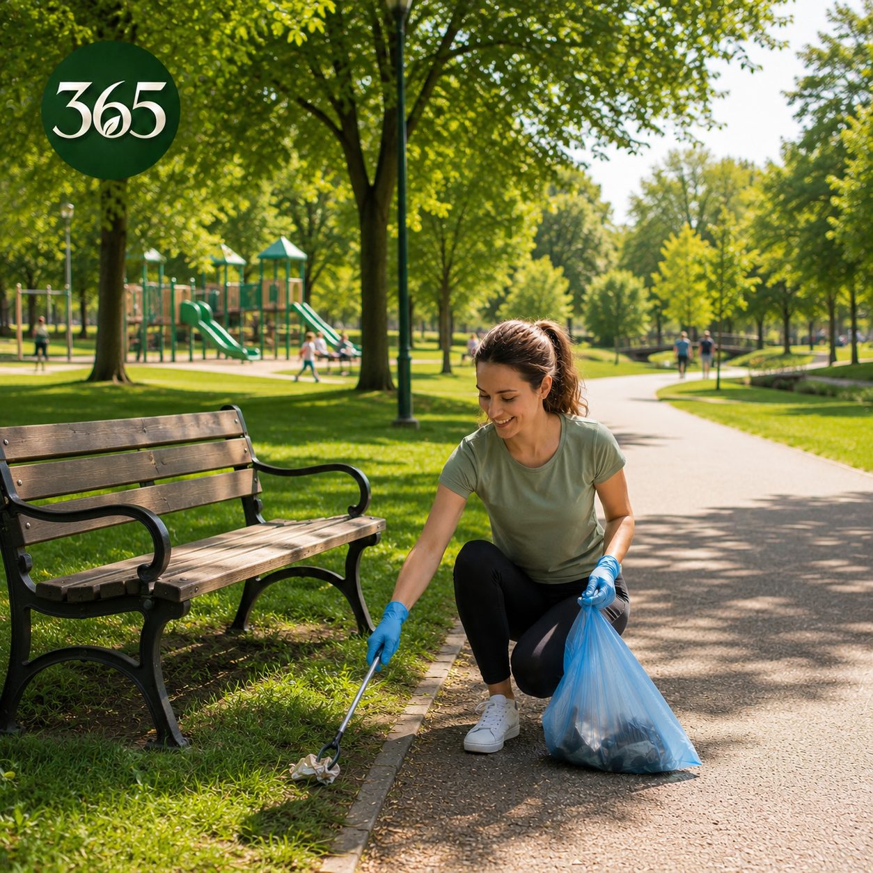 Green365 daily action showing litter being safely collected near a public park bench.