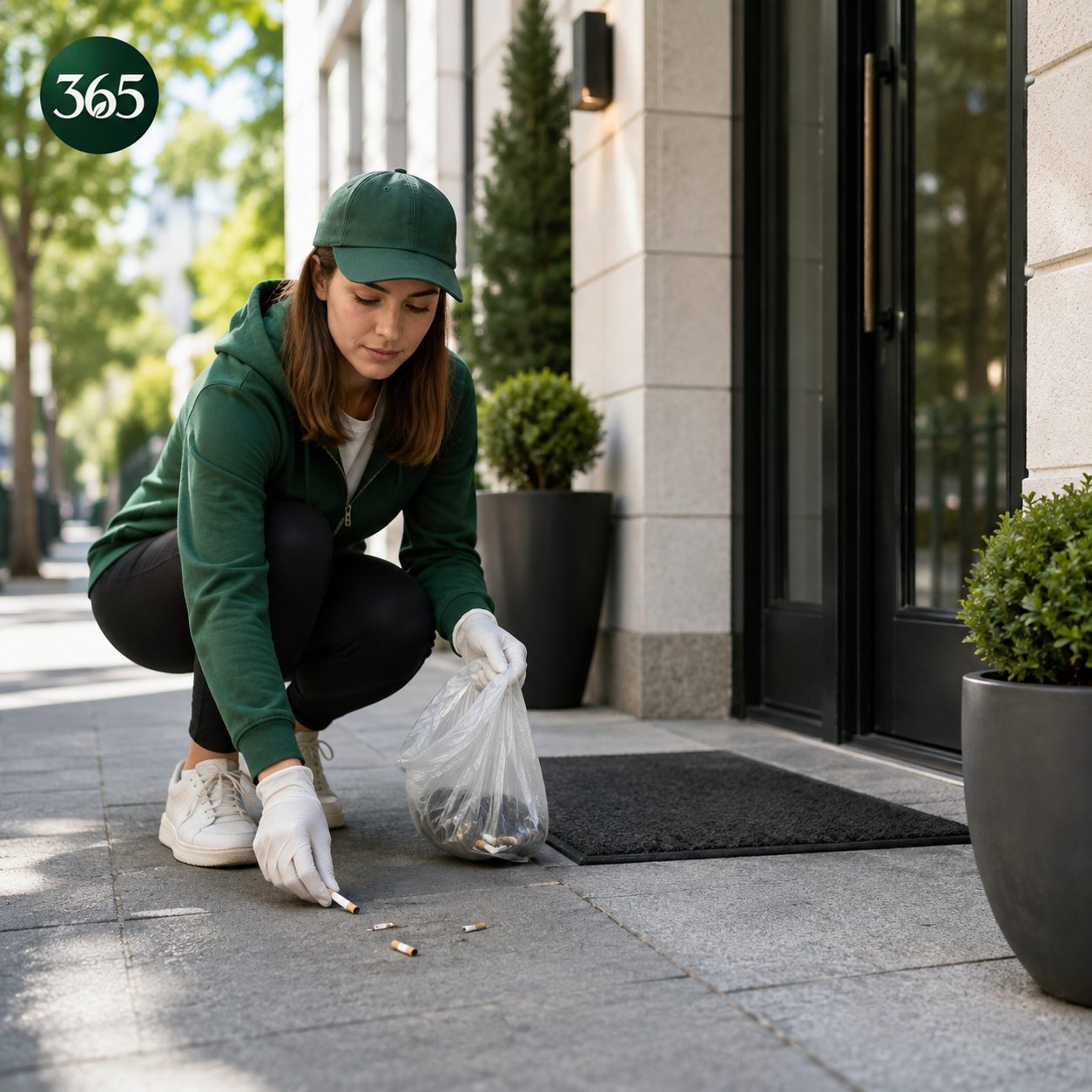 Green365 daily action showing cigarette butts being safely collected near a building entrance.